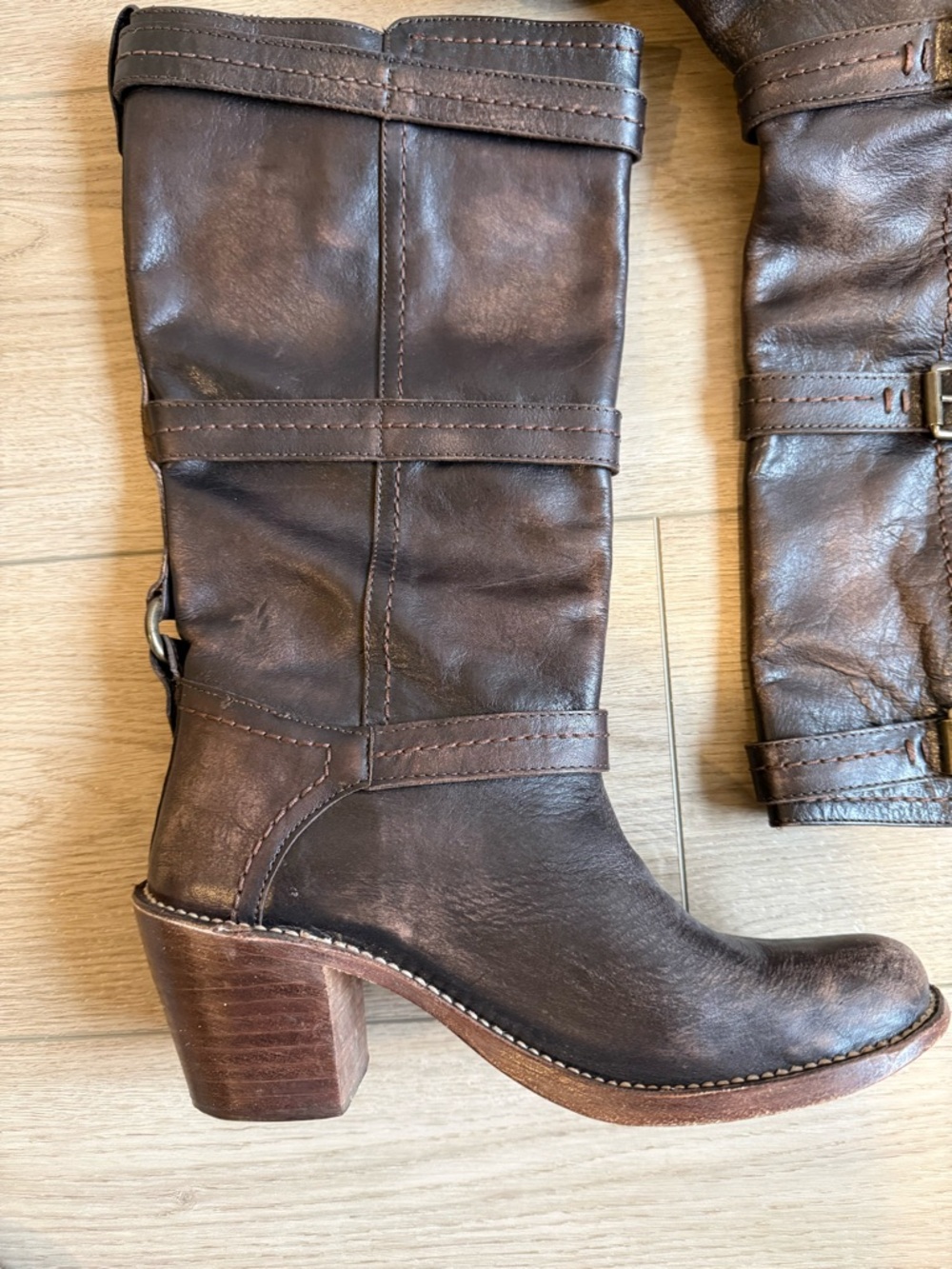 Frye Women's Dark Brown Distressed Leather Mid-Calf Carmen 3 Strap Boots - Picture 4 of 12